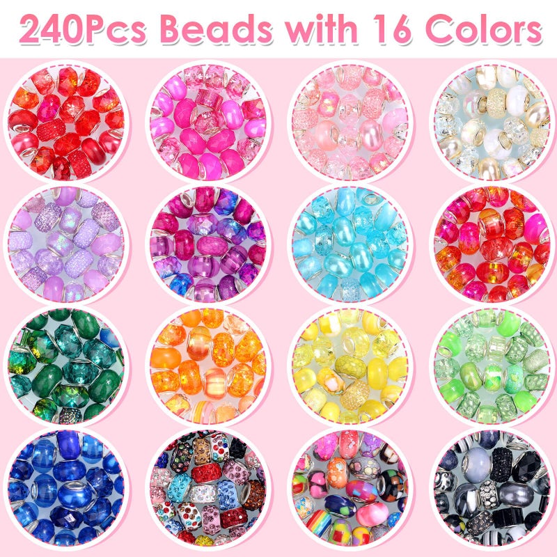 Cludoo 240 Pieces Large Hole Beads for Jewelry Making  16 Color European Beads Bulk  Fairy Garden Wands Beads Lampwork Spacer Beads Colorful European Craft Beads for Pen Bracelet Jewelry Making - Image 2